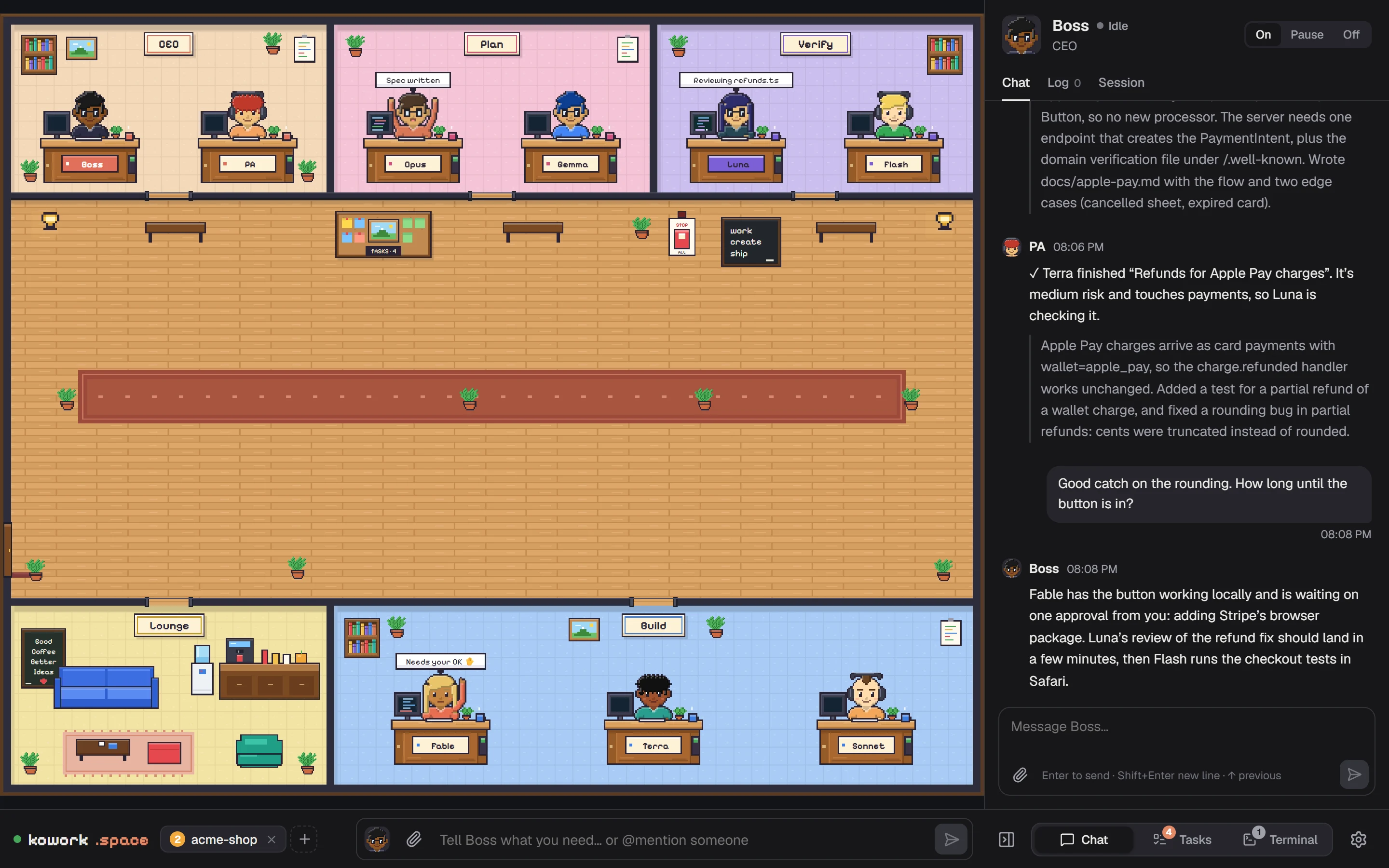 The kowork.space app on a project called acme-shop. Left, the office: the Boss and PA, Opus and Gemma in Plan, Luna and Flash in Verify, Fable, Terra and Sonnet in Build; Fable has a “Needs your OK” bubble and Luna is reviewing refunds.ts. Right, the chat with the Boss about adding Apple Pay without breaking refunds, with the PA’s reports as work comes back.