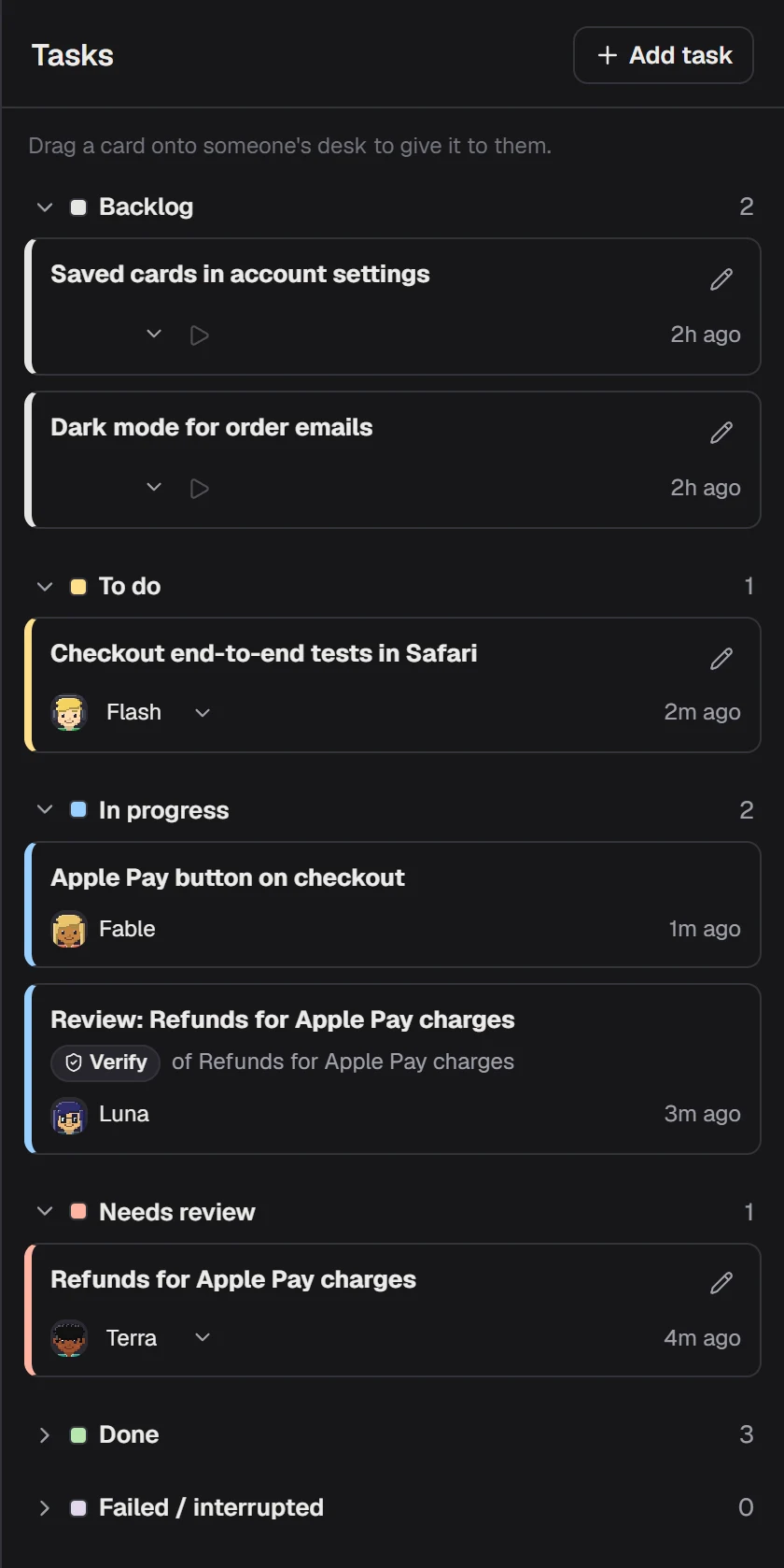 The task board: two backlog cards, Safari tests queued for Flash, the Apple Pay button in progress with Fable, Luna reviewing the refunds change, and Terra’s refunds work waiting for review.