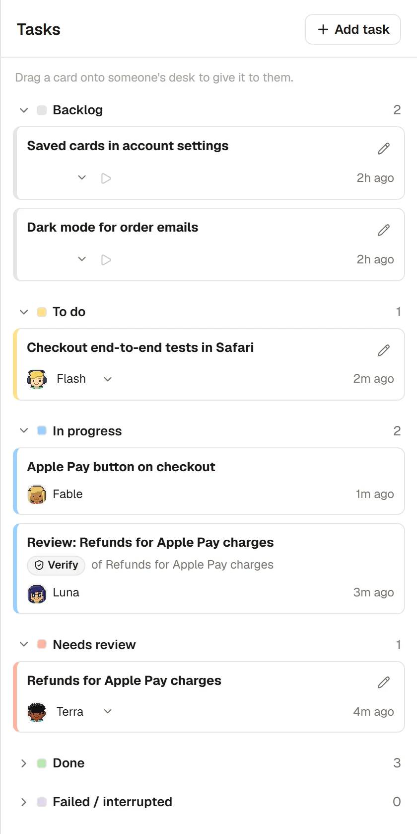 The task board: two backlog cards, Safari tests queued for Flash, the Apple Pay button in progress with Fable, Luna reviewing the refunds change, and Terra’s refunds work waiting for review.